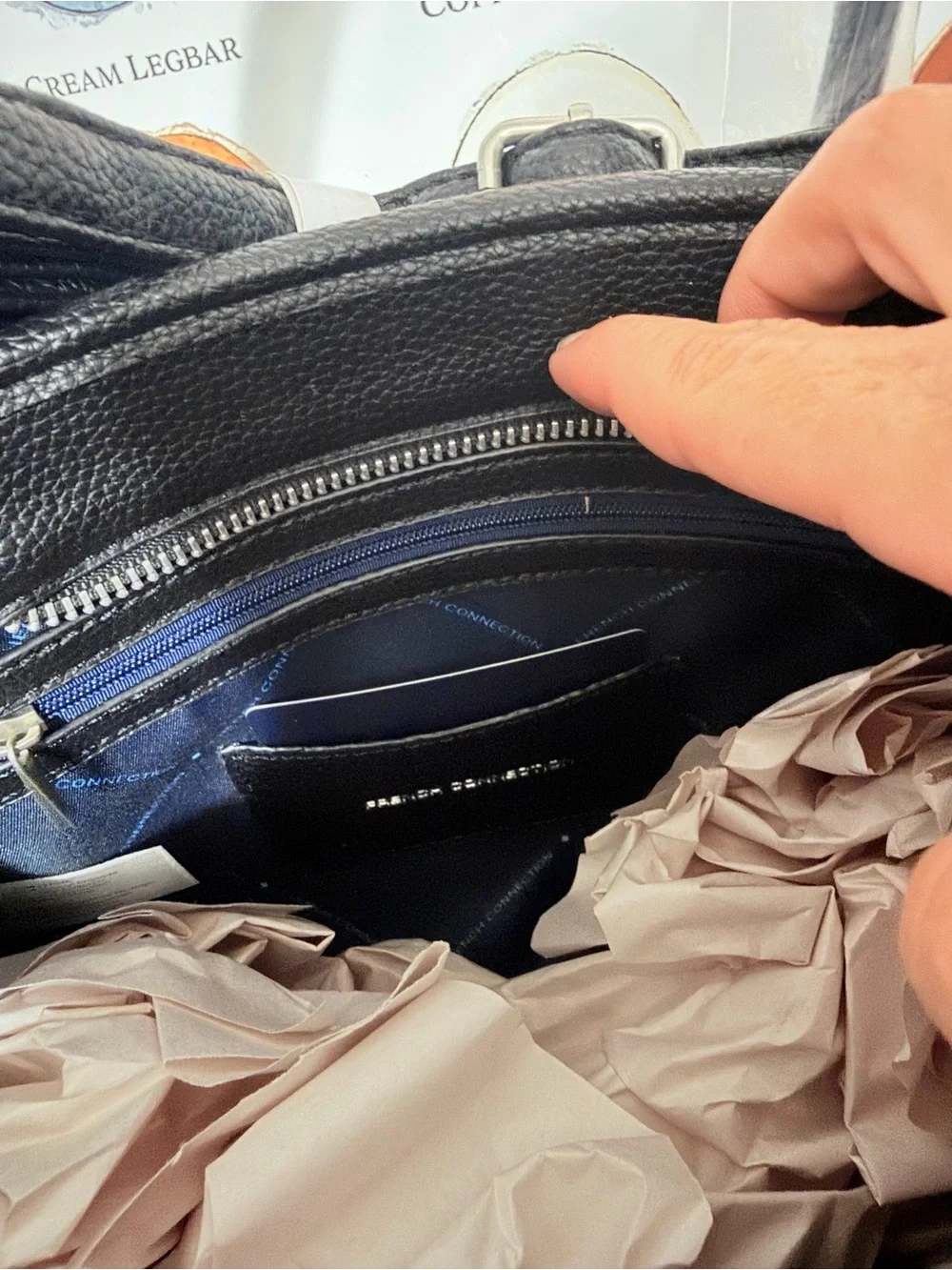 French Connection Black Pebbled Leather Satchel with Front Zip